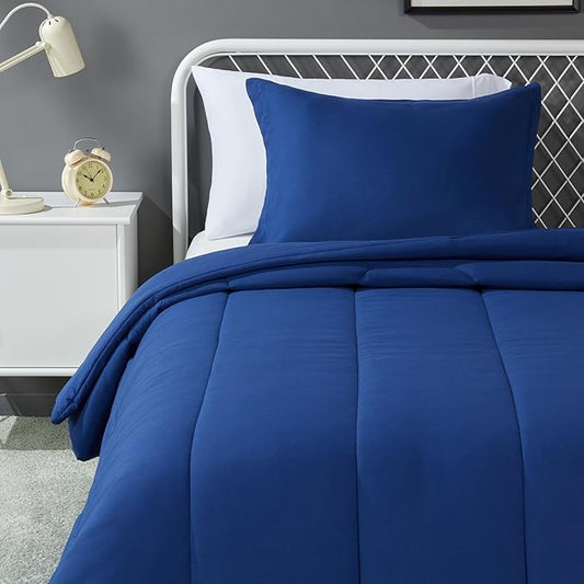 Amazon Basics 2-Piece Soft Microfiber Kid's Comforter and Pillow Sham Set, Twin, Navy, Solid