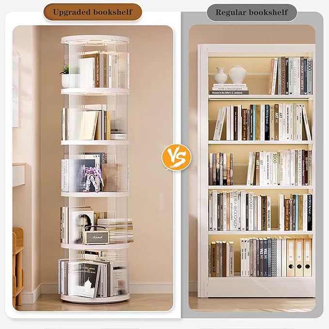 5 Tier Rotating Bookshelf Tower, 360° Rotating Bookshelf, Space Saving Rotating Bookshelves, Revolving Bookcase Suitable for Bedrooms, Living Rooms, Studies and Offices, White, Lazy Susan