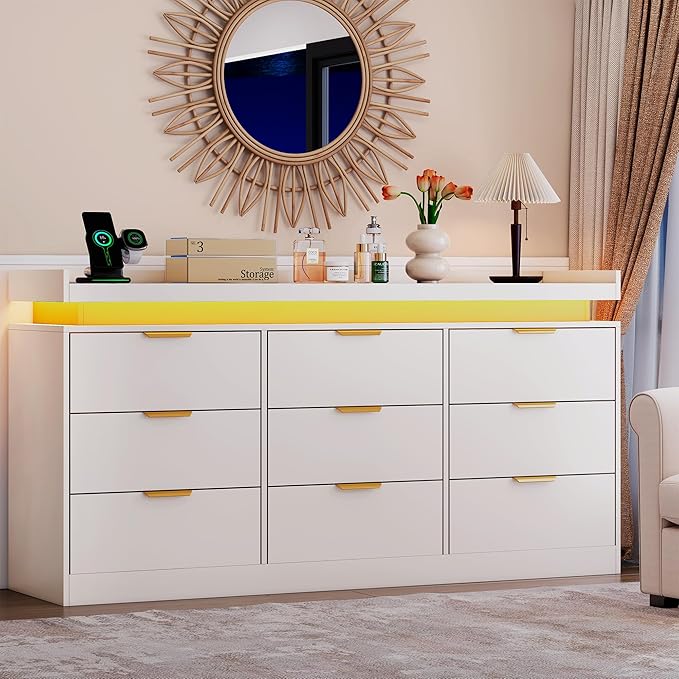 9 Drawer Dressers for Bedroom, White Dresser with LED Light and Power Outlet, Modern Large Dresser & Chests of Drawers, Wood Triple Wide Dressers for Bedroom, Entryway, Hallway