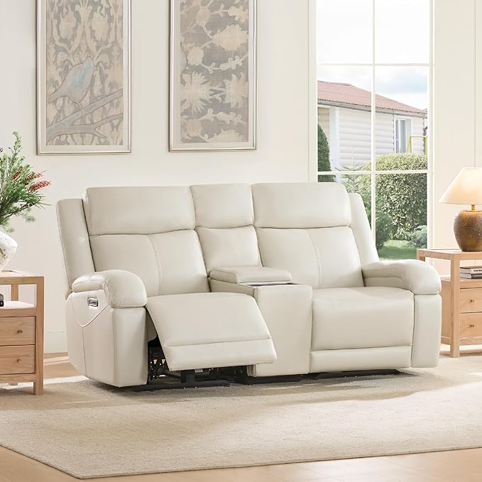 Watson & Whitely Genuine Leather Power Loveseat Recliner Sofa, Wall Hugger Loveseat Reclining Sofa with Storage Console, Power Headrest, Cup Holders, Dual Recliners for Living Room, RV, Cream