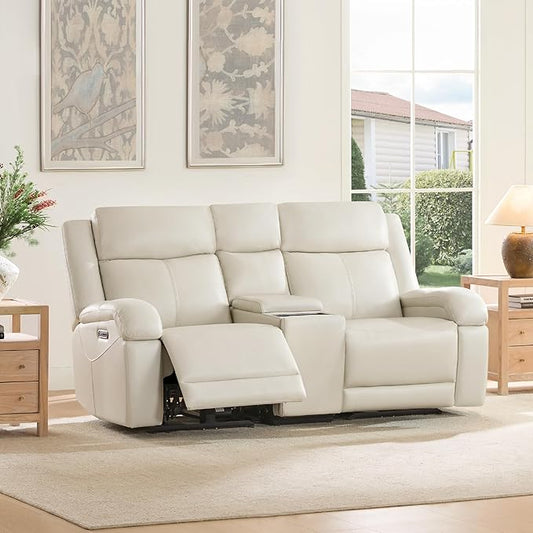 Watson & Whitely Genuine Leather Power Loveseat Recliner Sofa, Wall Hugger Loveseat Reclining Sofa with Storage Console, Power Headrest, Cup Holders, Dual Recliners for Living Room, RV, Cream