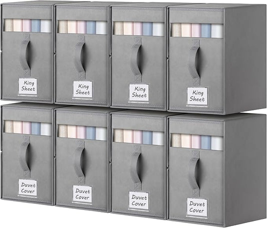 8 Pack Large Bed Sheet Organizers and Storage, (King & Queen Size) Sheet Organizer for Linen Closet, Foldable Bedding Storage Box with Window for Bedsheets, Blanket, Duvet Cover and Pillowcase