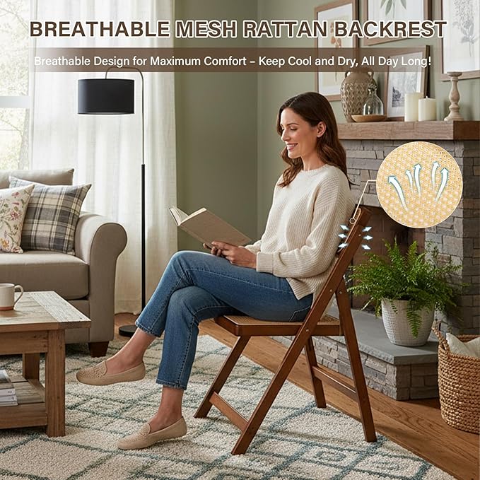 Rattan Folding Chair, Modern Mid Century Dining Chairs Set of 1, Comfy Outdoor Bamboo Chairs for Bedroom Living Room Reading Room Dining Kitchen, Walnut