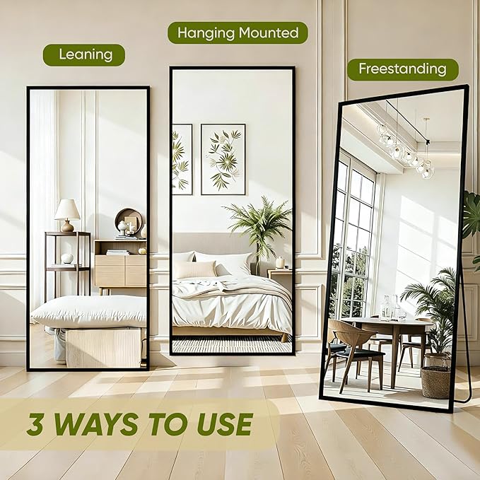 Full Length Mirror, 59"x18" Full Body Mirror, Floor Mirrors with Stand, Body Mirrors Standing Hanging Leaning Against Wall,Aluminum Frame Mirrors for Bedroom Cloakroom,Living Room,Black