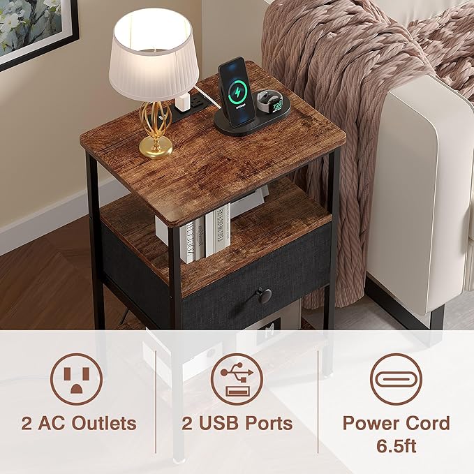 VECELO Nightstand with Charging Station,Bedside Table with Storage Shelf&Fabric Drawer,End Tables for Bedroom,Living Room,Small Spaces,Brown