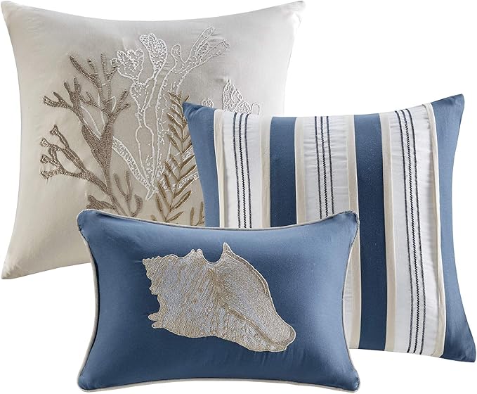 Madison Park 100% Cotton Comforter Set-Coastal Coral, Starfish Design All Season Down Alternative Cozy Bedding with Matching Shams, California King (104 in x 92 in), Blue 7 Piece