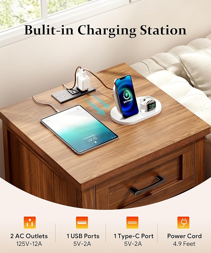 Farmhouse Nightstand with Charging Station & Large Storage, Modern End Tables with Outlets, USB Ports and Type-C Ports, Easy Assembly for Bedroom (Walnut)
