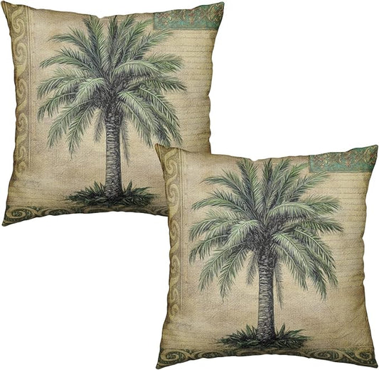 Palm Tree Pillow Covers 22x22 Set of 2 Hawaiian Tropical Leaf Decorative Throw Pillows Summer Vintage Outdoor Pillow Cases Cotton Linen Cushion Cover for Bed Couch Sofa Living Room
