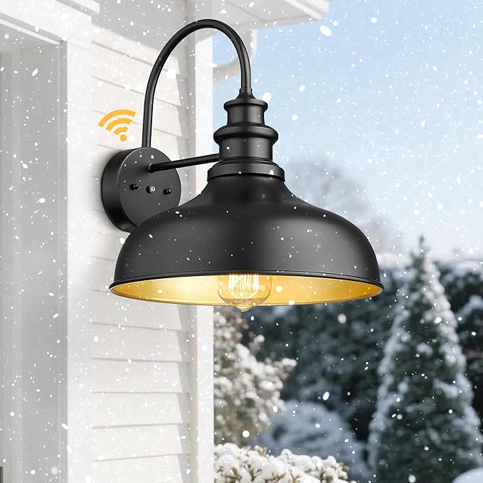 Bestshared Dusk to Dawn Sensor Farmhouse Barn Light, Anti-Rust Outdoor Wall Sconce, Outdoor Wall Lantern for Porch,Exterior Light Fixtures for Patio,Garage (Black+Gold, 1 Pack)