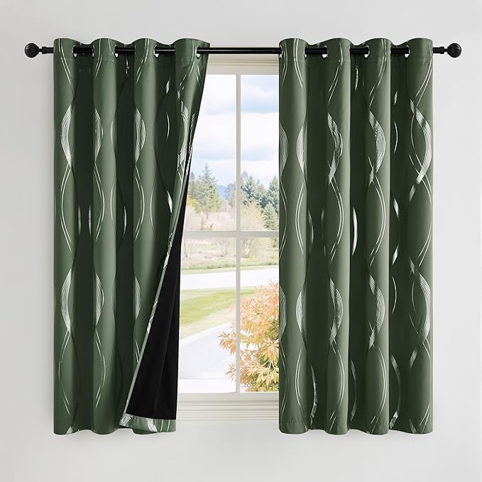 NICETOWN 100% Blackout Curtains 63 inch Length 2 Panels, Dark Mallard, 52" x 63", Noise Reducing Thermal Insulated Wave Line Foil Print Design Blackout Curtains for Hall Closet Villa Door