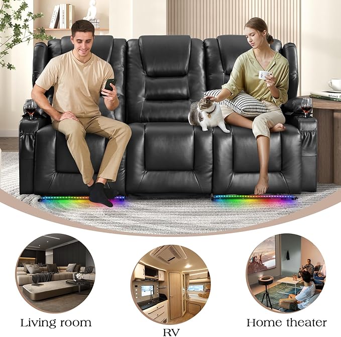 Oprisen 3-Seater Power Recliner Sofa Couch Flip Middle Backrest Reclining Sofa Chair for Living Room with Charging Station/Cup Holders/LED Ambient Light