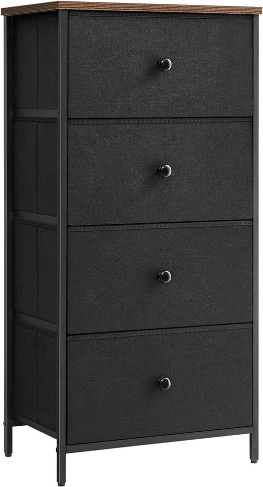 SONGMICS Dresser for Bedroom, Fabric Dresser with 4 Drawers, Metal Frame, Small Chest of Drawers, Black and Rustic Brown ULTS314B01