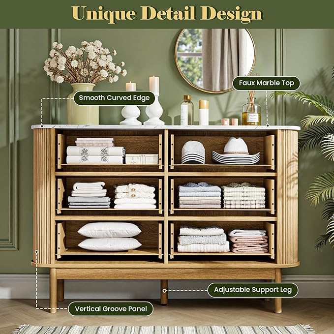 47" Fluted Dresser for Bedroom with 6 Drawer, Modern Chest of Drawers,Faux Marble Top & Curved Profile Design,Wood Drawer Storage Organizer for Living Room, Natural