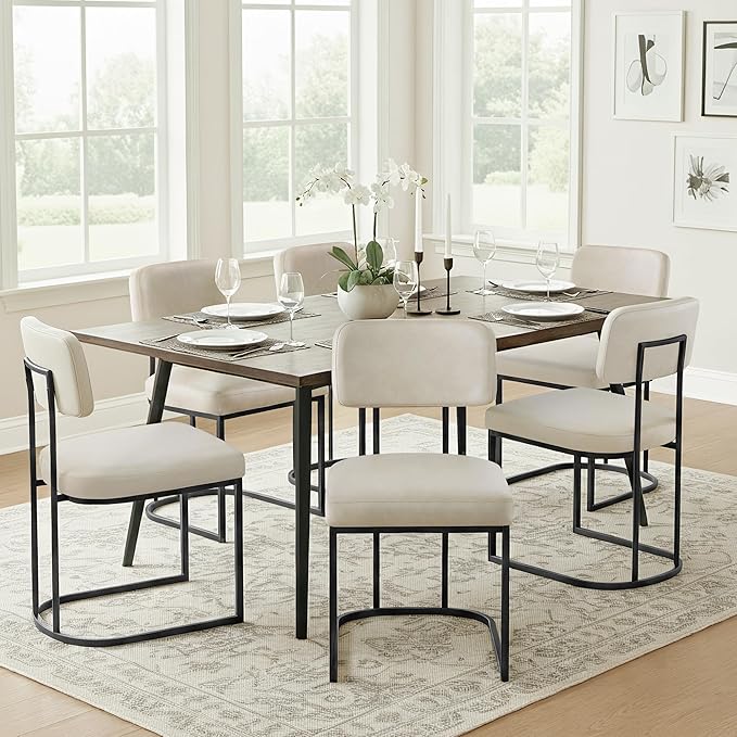 Dining Chairs Set of 6, Upholstered Modern Kitchen Chairs with Ergonomic Backrest, Faux Leather Cushion Seat & Metal Legs for Living Room, Restaurant, and Café, Cream, 2 Boxs