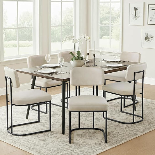 Dining Chairs Set of 6, Upholstered Modern Kitchen Chairs with Ergonomic Backrest, Faux Leather Cushion Seat & Metal Legs for Living Room, Restaurant, and Café, Cream, 2 Boxs