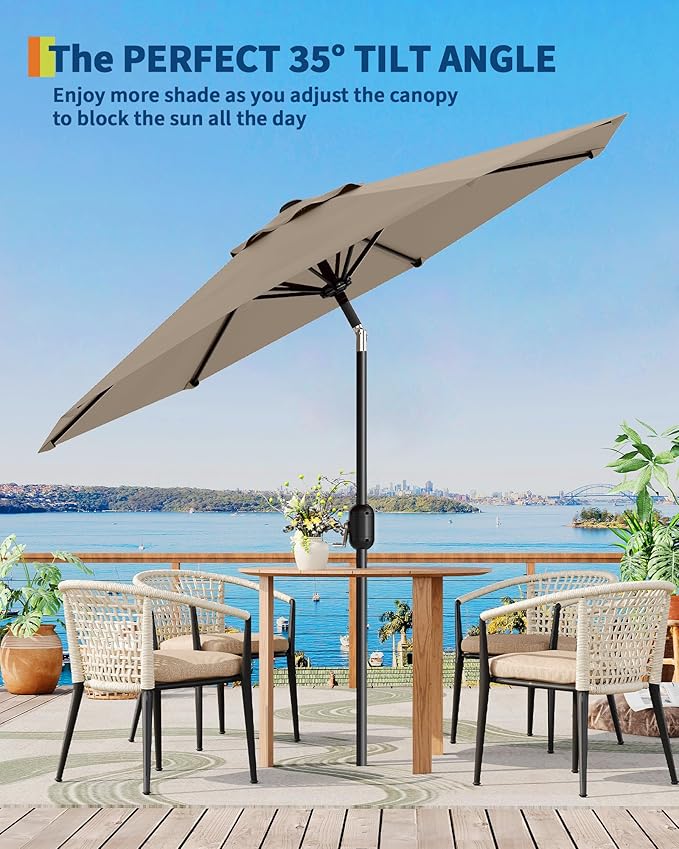 GarveeLife 9 ft Patio Umbrella, Outdoor Table Market Umbrella with Push Button Tilt and Crank, 8 Sturdy Ribs UV Protection Waterproof for Garden, Deck, Backyard, Pool (Tan)