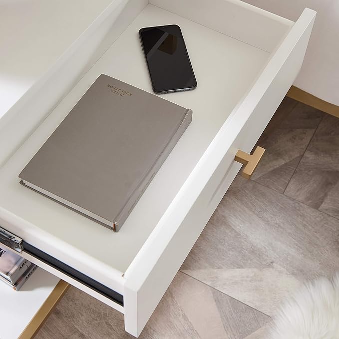 Claudette Solid Wood and Metal Nightstand with Drawer and USB-C Fast Charging Station, White and Gold, Perfect for Bedrooms, Living Rooms, and Offices – Leick Home, 9069-WT