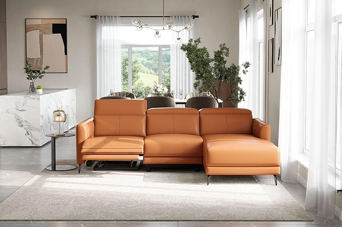 Valencia Andria Reclining Sectional Leather Sofa Right-Facing 99.5" | Italian Nappa 11000 Top-Grain Leather Reclining Sofa | Electric Power Recliner | Stainless Steel Leg, Cognac