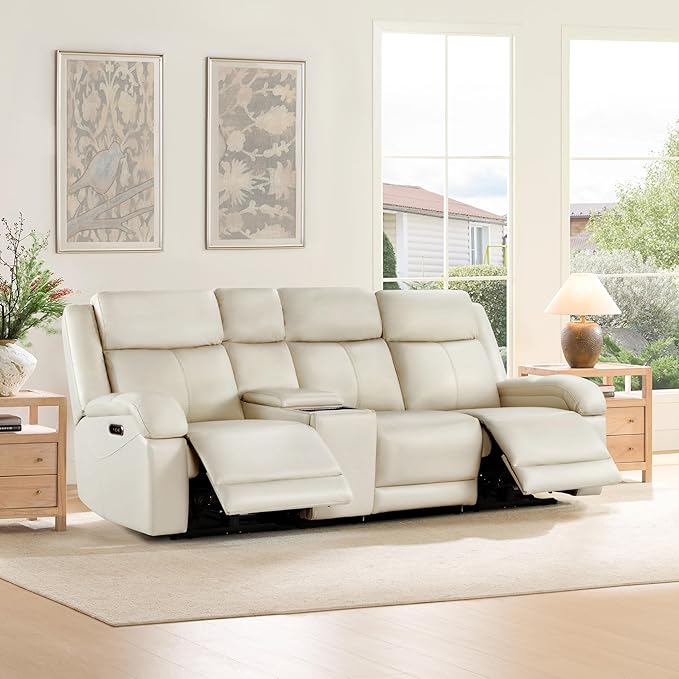 Watson & Whitely Genuine Leather Power Recliner Sofa, 3 Seater Wall Hugger Reclining Sofas with Storage Console, Power Headrest, USB, Electric Recliner Couch Set for Living Room, Cream