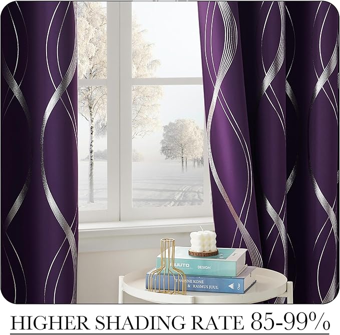 NICETOWN Royal Purple Blackout Curtains 84 inch Long for Living Room, Gothic Vibe for Wave Line Foil Print Design Drapes for Home Decoration Wall Cover, 2 Panels