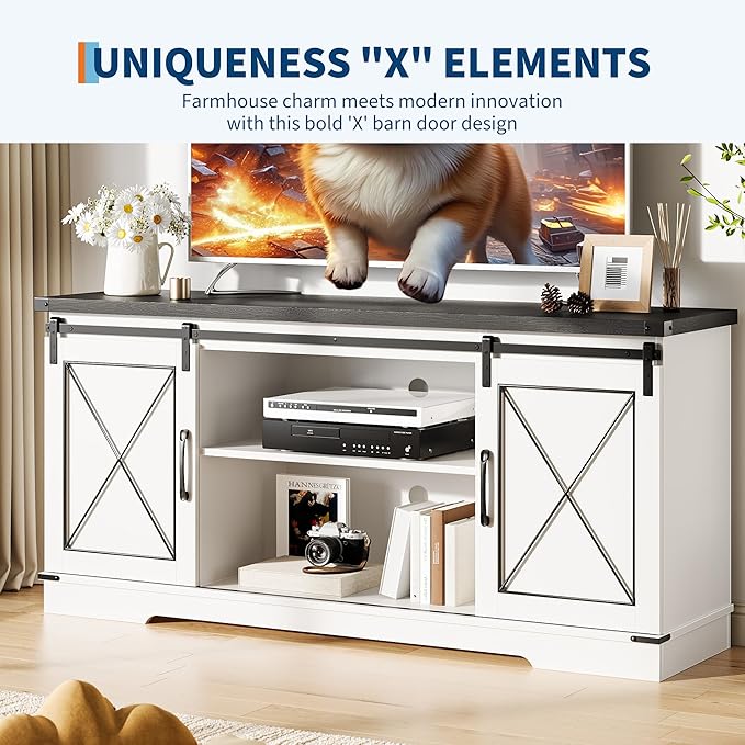 GarveeHome Farmhouse TV Stand for TV up to 65 in and Entertainment Center with Sliding Barn Doors and Adjustable Shelf, Tv Media Console Table with Storage Cabinet for Living Room, Bedroom, White