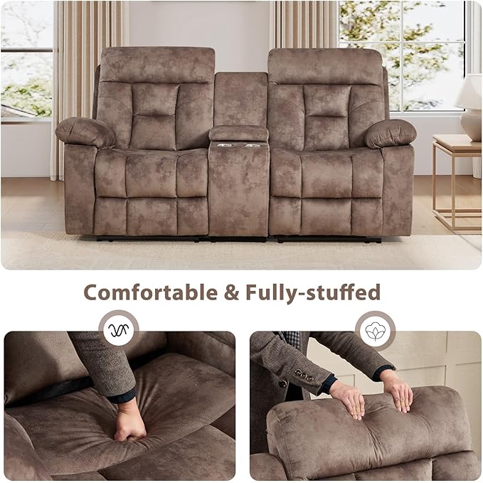 EBELLO Loveseat Recliner Sofa for Living Room, Extra Wide Modern Overstuffed 2 Seat Reclining Manual Sofa Chair, with Hidden Armrest Cup Holders, Breathable Fabric, Brown