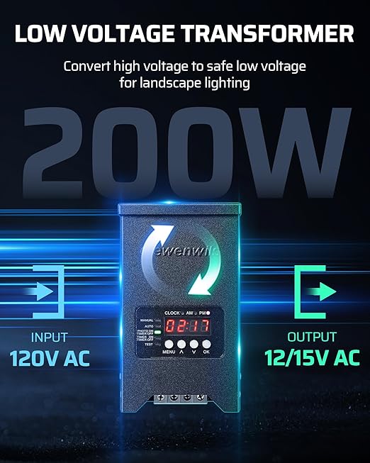 DEWENWILS 200W Low Voltage Landscape Transformer, 120V to 12V/15VAC, Landscape Lighting Transformer, Dusk to Dawn Sensor & Timer, Weatherproof Low Voltage Transformer for Spotlight, Pathway Light