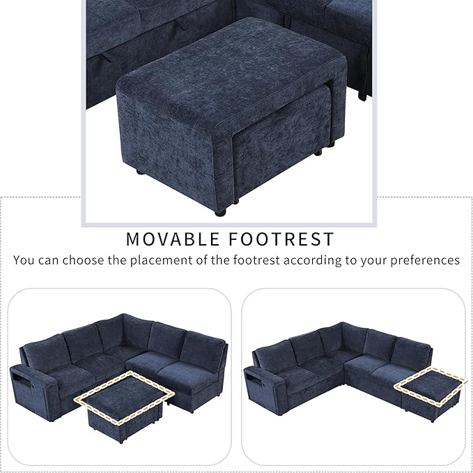 Ball & Cast 91" L-Shaped Modular Padded Cloud Sectional Fabric Sofa Set with Pull Out Bed, Convertible Sectional Couches w/Storage Space and USB Ports & Cup Holders on the Armrests,Blue