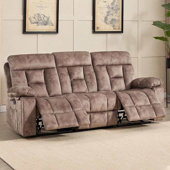 CANMOV 3 Seat Manual Recliner Sofa, Modern Reclining Sofa with Overstuffed Armrest, Hidden Cup Holders, for Living Room, Camel-Brown