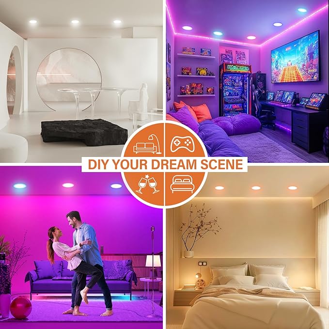 12Pack Smart RGB Recessed Lighting 4Inch,Ultra-Thin Canless LED Downlight,2.4GHz Wi-Fi Bluetooth, 2700K-6500K, 9W 810LM,Work with Tuya App,Alexa,Google Assistant,Sync Music