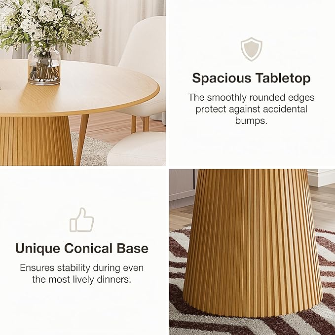 Casaphoria 52" Round Dining Table, Modern Wood Kitchen Table with Cone Grating Bar Base for Living Room & Dining Room, Easy Assembly Farmhouse Furniture for 4-6, Oak