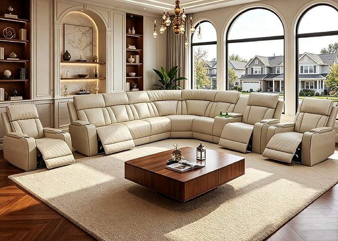 Power Reclining Sectional Sofa Set with LED, Living Room Furniture Sets, Leather Recliner Couch for Living Room/Home Theater, Sectional Couch and Chair with 4 Recliners, USB Port/Hide-Away Storage