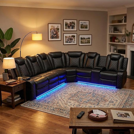 Power Reclining Curved Sectional Sofa for Living Room, Black Leather Home Theater Recliner Couch with LED Lights, Wireless Charging, Cup Holders & Storage Console