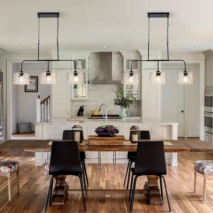 36" Linear Chandelier with Clear Rippled Glass Shades 3-Light Black Linear Pendant Light, Industrial Hanging Chandelier for Kitchen Island, Dining Room, Living Room, Pool Table