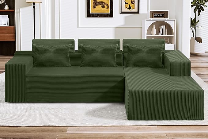 HABUTWAY Sectional Couches for Living Room,No Assembly L Shaped Couch 105" Modular Sectional Sofa Couch with Deep Seat,Cloud Couches Furniture Sets for Apartment,Corduroy (Green, Right Facing)