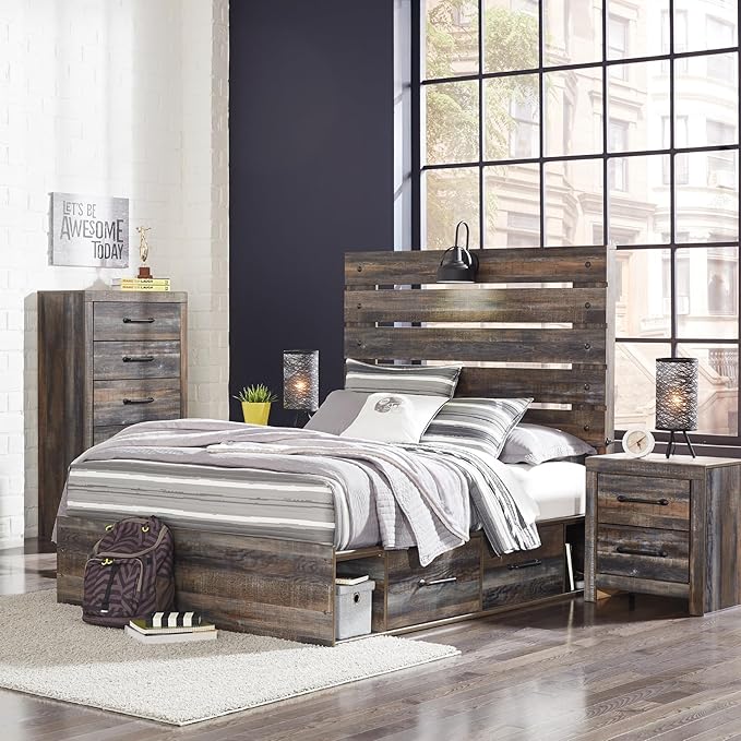Signature Design by Ashley Drystan Rustic Full Panel Platform Bed with 4 Storage Drawers, Open Cubbies, Sconce LED Light and USB Ports, Foundation or Box Spring Not Needed, Dark Brown & Gray