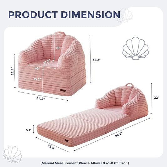 MAXYOYO Folding Sofa Bed, 2 in 1 Convertible Sofa to Lounger Comfy Faux Fur Bean Bag Chair for Adults, Floor Single Sleeper Couch Chair with Handle, Couch Bed for Living Room Bedroom, Pink