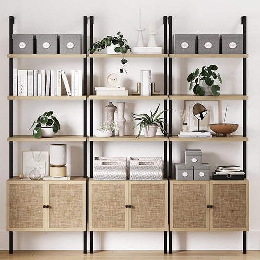 Nathan James Theo Industrial Open Shelf Bookcase with Accent Rattan Drawers Light Oak Wood, Matte Black Frame, Set of 3