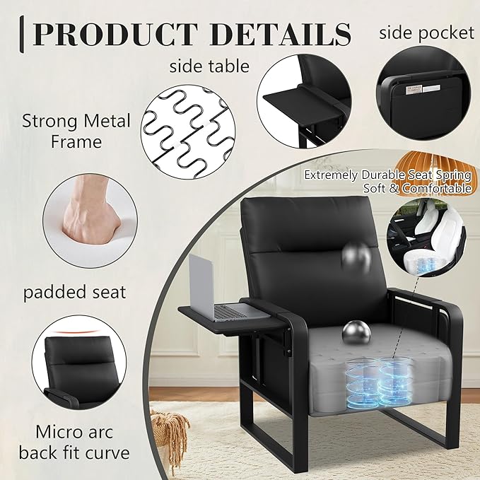 Upholstered Living Room Chair Armchair Set of 2, Mid Century Faux Leather Metal Accent Chair, Reception Couch Slipper Club Lounge Chair Guest Comfy Single Sofa with Sidetable-Black