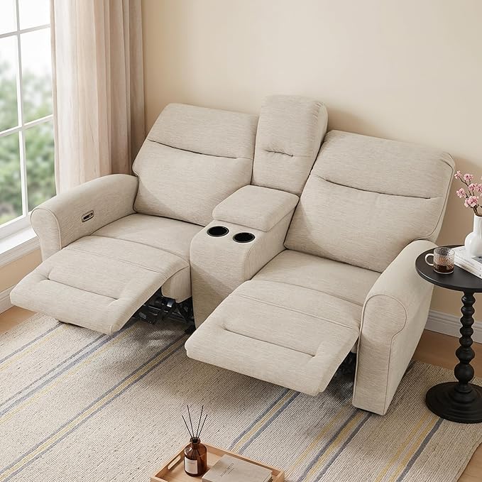 MCombo 78.3" Wall Hugger Power Loveseat Recliner Sofa with Console, Reclining Loveseat with USB Ports, Cup Holders, for Small Spaces Living Room RV, Fabric PR635M2 (Beige)