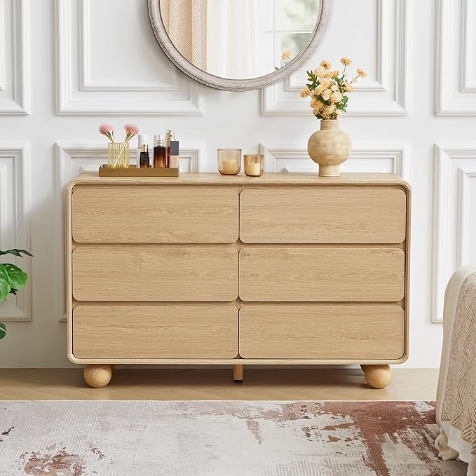 AVZEAR 6 Drawer Dresser for Bedroom, 48" Modern Wooden Dresser Chest of Drawers, Curved Profile Design, Closet Clothes Storage Organizer for Kids Bedroom, Living Room, Nursery, Natural Color