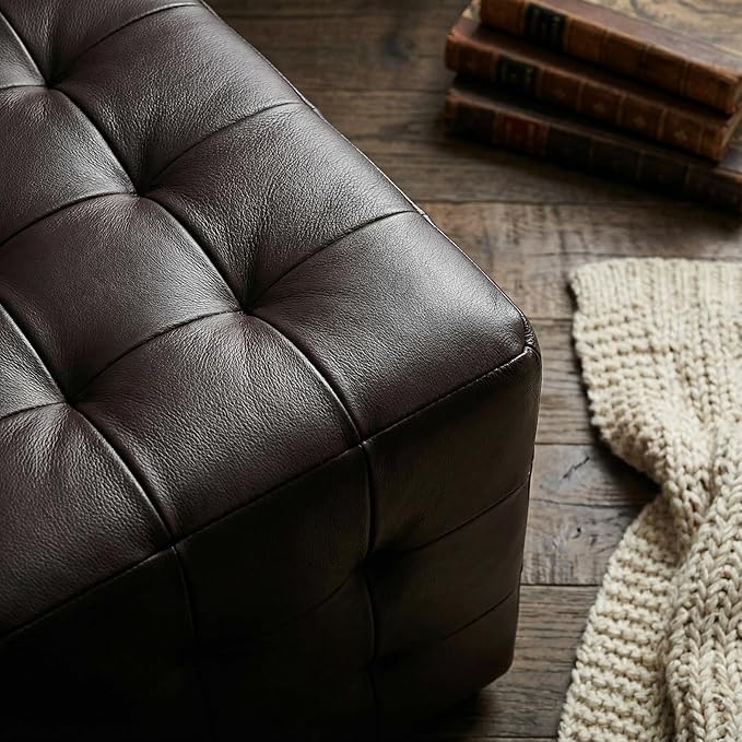 Cortesi Home Charli Tufted Cube Ottoman in 100% Genuine Leather, Brown