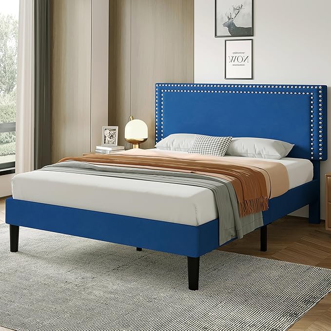 VECELO Queen Size Bed Frame with Adjustable Upholstered Headboard, Wooden Slats Platform, Noise-Free Design, Easy Assembly