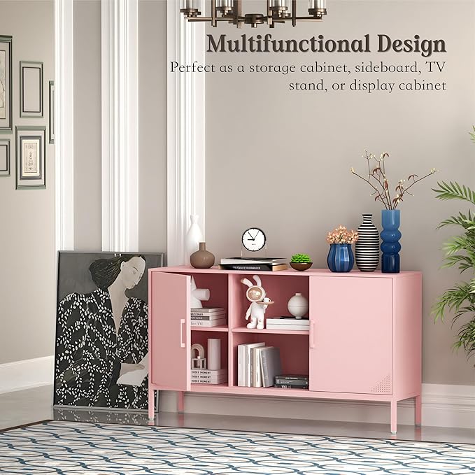 Accent Cabinet with 2 Door and Shelves TV Stand Metal Kids Locker Storage Cabinet Multipurpose Buffet Sideboard for Living Room, Kitchen, Bedroom, Dining Room, Entryway (Pink, H29.53'')