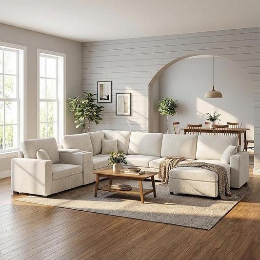 Merax Modern 134" U-Shaped Modular Sectional Sofa Couch with Cup Holders & Storage Drawers, Chenille 5-Seat Large Sectional Family Sofa with Chaise Lounge & Pillows for Living Room, Beige