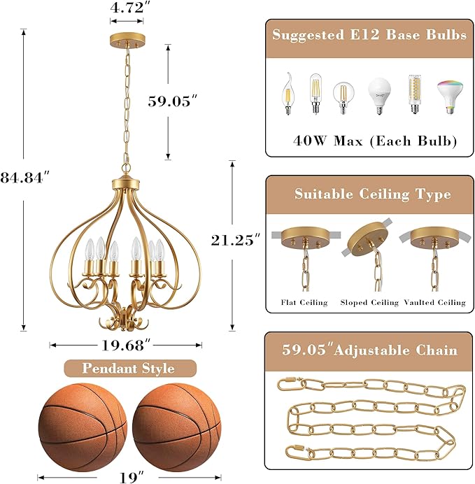 6 Lights Gold Farmhouse Chandelier for Dining Room,19.68" Large Modern Vintage Rustic Adjustable Gold Chandelier Pendant Light Fixtures for Kitchen Island Living Room Entryway Hallway Foyer Bedroom
