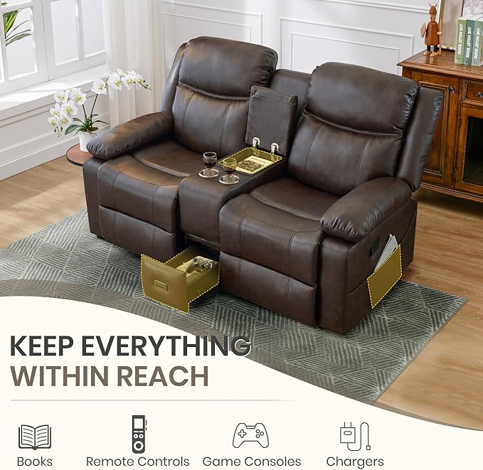 Manual Reclining Loveseat with Massage and Heat, Double Recliner Sofa with Center Console, Cup Holders & Storage for Living Room, RV (Brown)