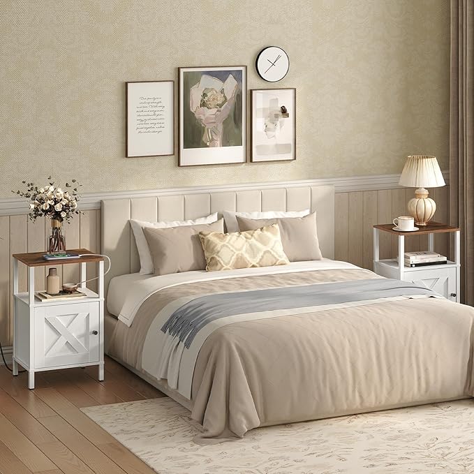 Set of 2 Farmhouse Nightstand with Charging Station, White Bedside Table with USB&Type-C Ports and Outlets, End Table with Storage, Night Stand for Bedroom, White and Rustic Brown