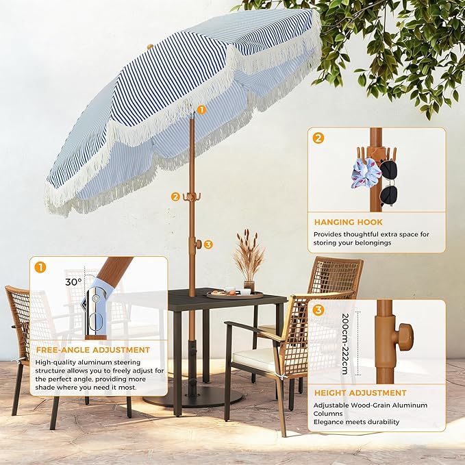 HOMEDEMO Boho Patio Umbrella with Fringe, Outdoor Tassel Umbrella with UPF50+ Sun Protection and Push Button Tilt, Premium Aluminum Pole & Fiberglass Ribs, Includes Hanging Hook