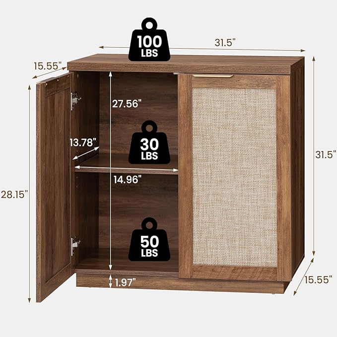 HOMMPA 31.5'' Sideboard Buffet Cabinet with Storage Boho Kitchen Buffet Cabinet with 2 Doors and Adjustable Shelves, Rattan Credenza Wood Coffee Bar Cabinets/Table for Living Room, Hallway & Kitchen